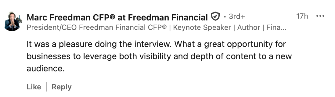 Marc Freedman LinkedIn testimonial about Business Showcase