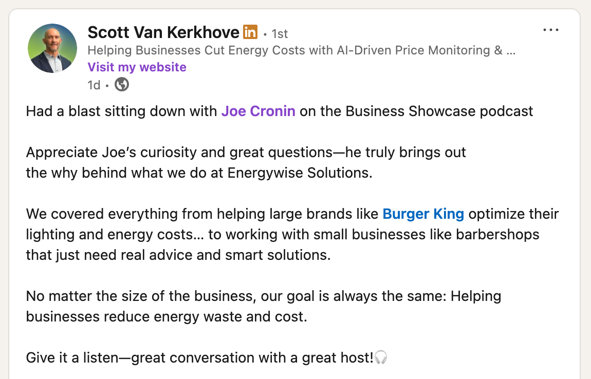 Scott Van Kerkhove LinkedIn testimonial about Business Showcase