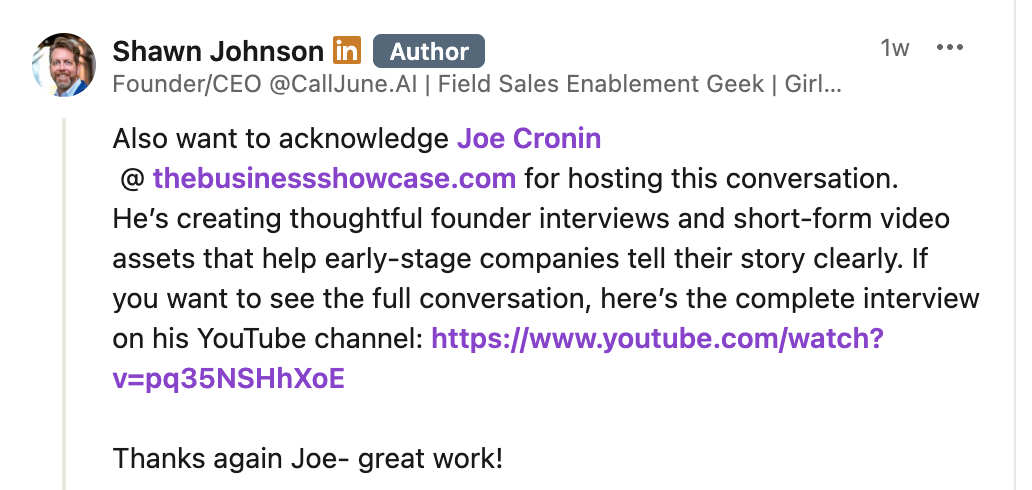 Shawn Johnson LinkedIn testimonial about Business Showcase